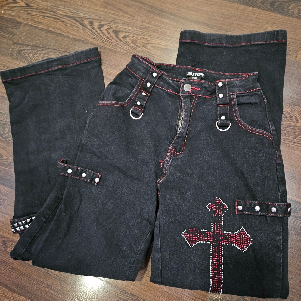 Hot Topic Black Red Contrast Stitch Rhinestone Cross Gothic Wide Leg Jeans SZ 3